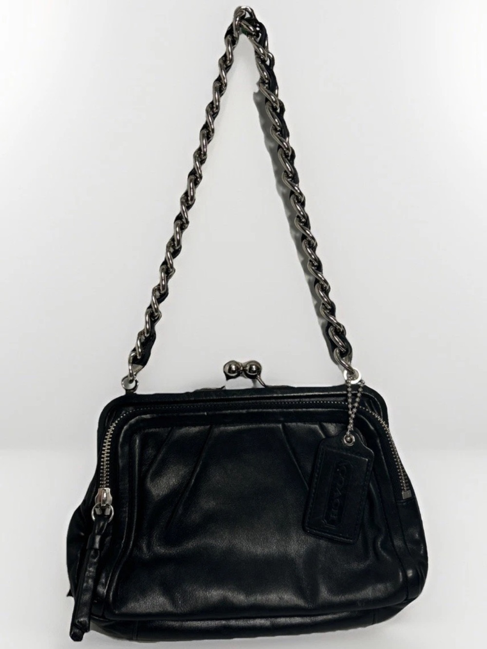 Rare Coach Parker Kisslock Bag Black Leather Shoulder Bag W/ Chain Strap #13621